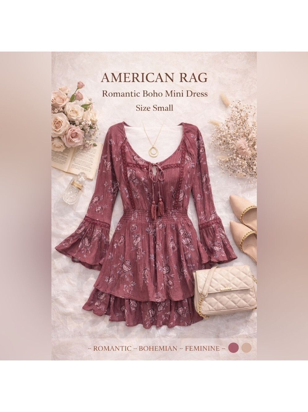 American Rag Mauve Floral Boho Mini Dress Size Small